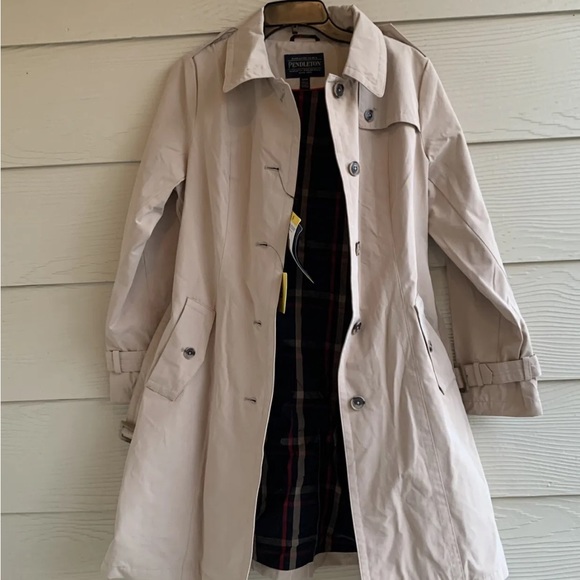 NEW Pendleton Beige Trench Coat Jacket size Small Plaid Lining Belted Buttons - Picture 4 of 12